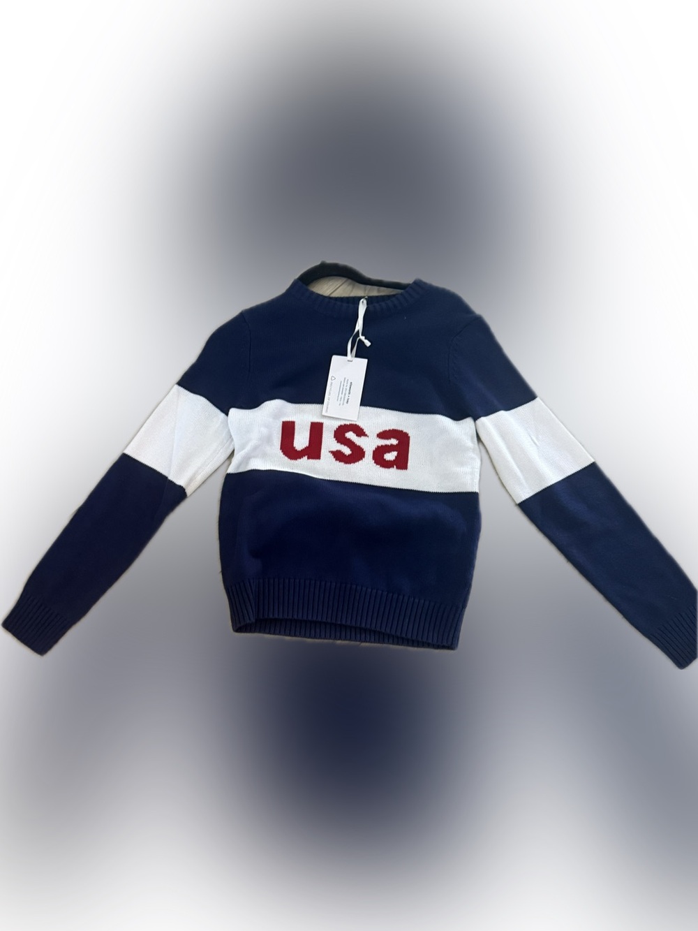 Ellsworth + Ivey Navy & White 'USA' Crewneck Sweater, NWT size XS